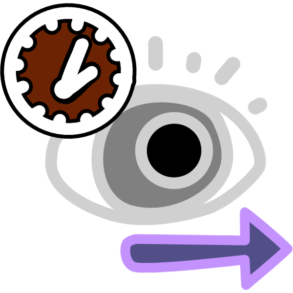 An image with light line art shows a grey eye with a purple arrow below it. Overlapping with the eye at the top corner of the image is a clock with a brown face.